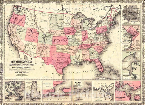 Historic Map : 1862 Johnson's New Military Map of the United States : Vintage Wall Art
